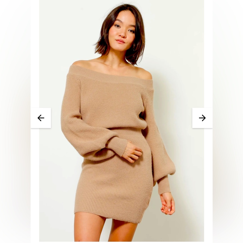 Line & Dot Revolve Rebecca Women's Off-Shoulder Sweater Dress Tan Natural Small